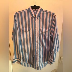 Vintage Wrangler Men's Striped Button Down Shirt - Blue and White